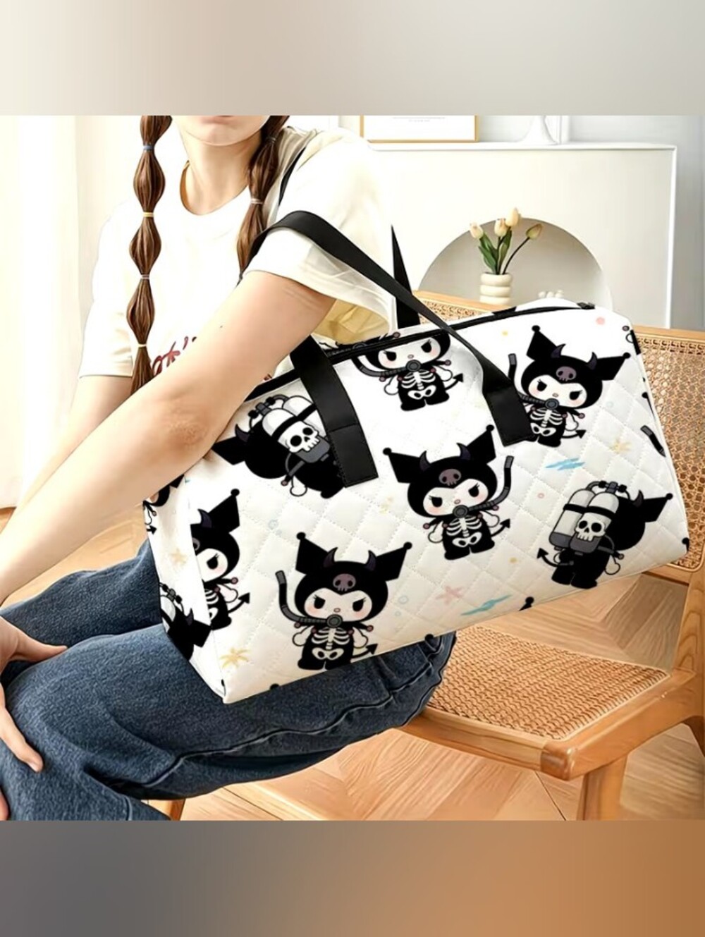 White & Black Kuromi Skeleton Print Travel Duffel Bag